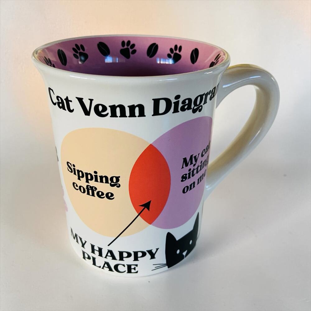 NEW Our Name is Mudd Pink Cat Venn Diagram Happy Place Coffee Cats Paw 18oz Mug